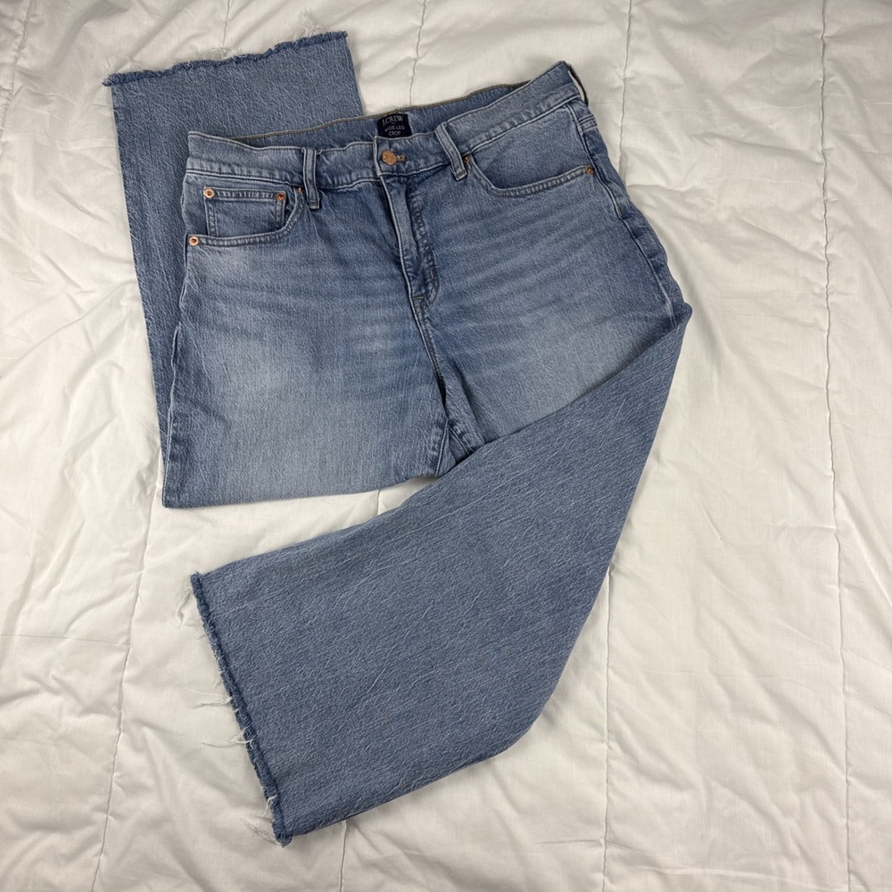 J. Crew Wide Leg Crop Women's Medium Wash Jean High Rise Denim Size 30P Raw Hem